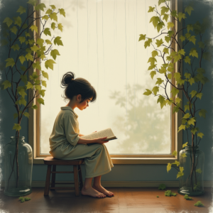Minimalist — Nostalgic Figure Reading By A Rain-streaked Illustration Styles #0170 (Firefly)