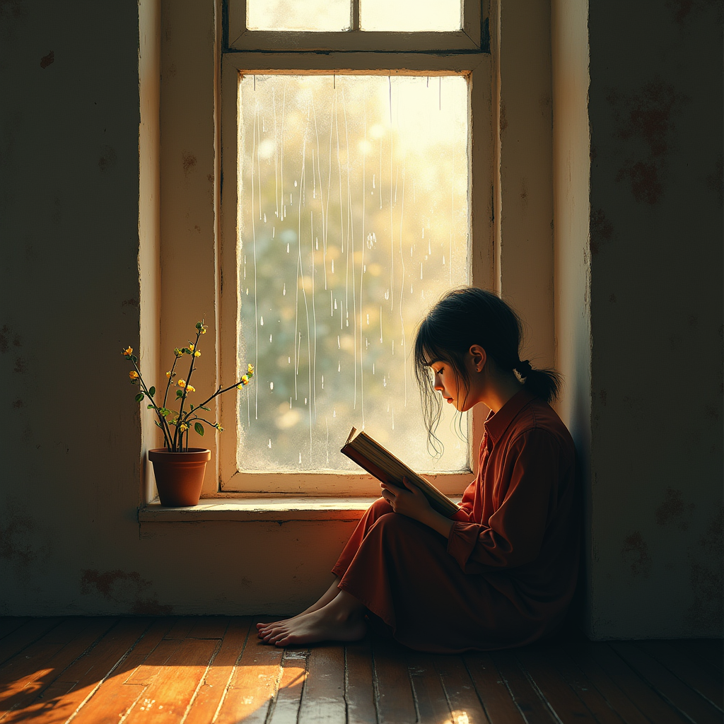 Minimalist — Nostalgic Figure Reading By A Rain-streaked Illustration Styles #0182 (Firefly)