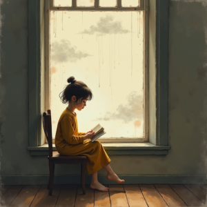 Minimalist — Nostalgic Figure Reading By A Rain-streaked Illustration Styles #0194 (Firefly)