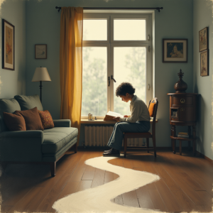 Minimalist — Nostalgic Figure Reading By A Rain-streaked Illustration Styles #0200 (Midjourney)