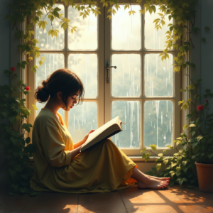 Minimalist — Nostalgic Figure Reading By A Rain-streaked Illustration Styles #0206 (Firefly)