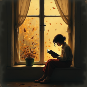 Minimalist — Nostalgic Figure Reading By A Rain-streaked Illustration Styles #0224 (Midjourney)