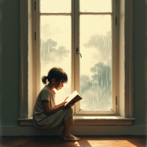 Minimalist — Nostalgic Figure Reading By A Rain-streaked Illustration Styles #0227 (Krea)