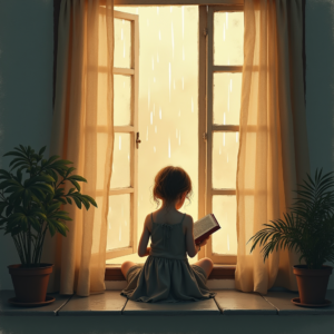 Minimalist — Nostalgic Figure Reading By A Rain-streaked Illustration Styles #0239 (Krea)