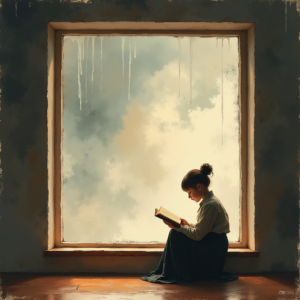 Minimalist — Nostalgic Figure Reading By A Rain-streaked Illustration Styles #0245 (Leonardo)