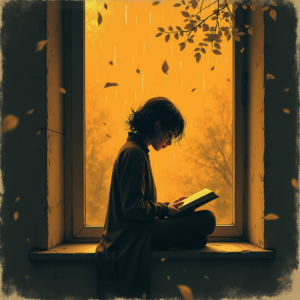 Minimalist — Nostalgic Figure Reading By A Rain-streaked Illustration Styles #0257 (Leonardo)
