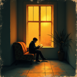 Minimalist — Nostalgic Figure Reading By A Rain-streaked Illustration Styles #0269 (Leonardo)