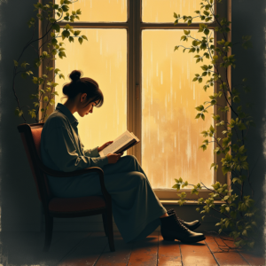 Minimalist — Nostalgic Figure Reading By A Rain-streaked Illustration Styles #0275 (Krea)