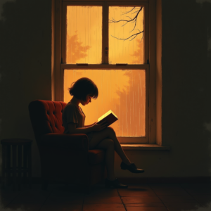 Minimalist — Nostalgic Figure Reading By A Rain-streaked Illustration Styles #0287 (Krea)