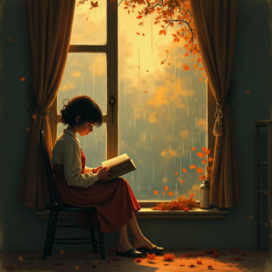 Minimalist — Nostalgic Figure Reading By A Rain-streaked Illustration Styles #0293 (Leonardo)