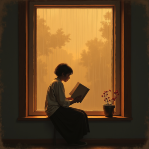 Minimalist — Nostalgic Figure Reading By A Rain-streaked Illustration Styles #0299 (Krea)