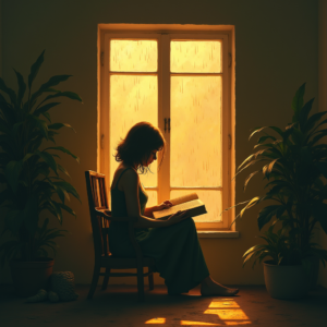 Minimalist — Nostalgic Figure Reading By A Rain-streaked Illustration Styles #0311 (Krea)