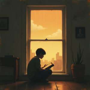Minimalist — Nostalgic Figure Reading By A Rain-streaked Illustration Styles #0317 (Leonardo)