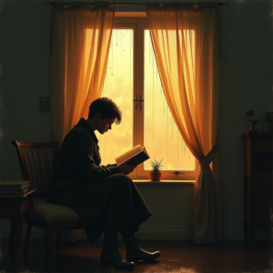 Minimalist — Nostalgic Figure Reading By A Rain-streaked Illustration Styles #0323 (Krea)