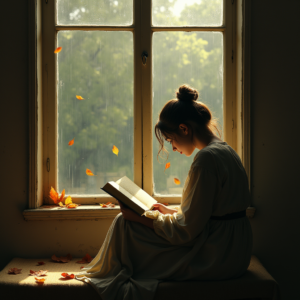 Minimalist — Nostalgic Figure Reading By A Rain-streaked Illustration Styles #0329 (Leonardo)