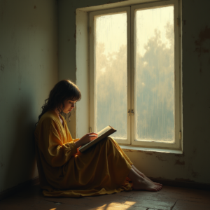 Minimalist — Nostalgic Figure Reading By A Rain-streaked Illustration Styles #0335 (Krea)