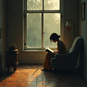 Minimalist — Nostalgic Figure Reading By A Rain-streaked Illustration Styles #0341 (Leonardo)