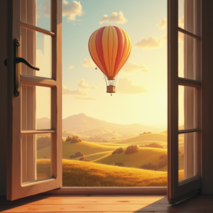 Minimalist — Whimsical Hot-air Balloon Drifting Over Rolling Illustration Styles #0003 (Recraft)