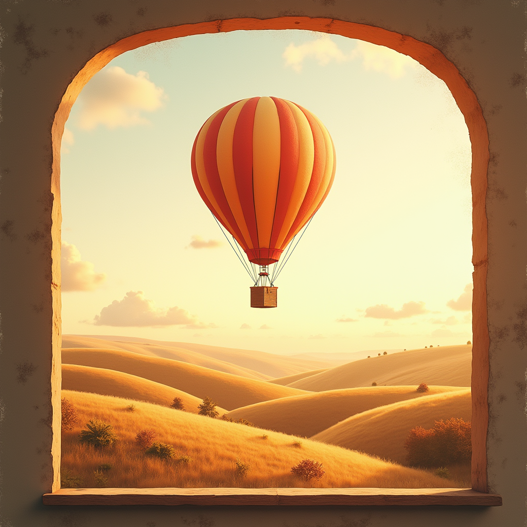 Minimalist — Whimsical Hot-air Balloon Drifting Over Rolling Illustration Styles #0111 (Recraft)