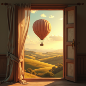 Minimalist — Whimsical Hot-air Balloon Drifting Over Rolling Illustration Styles #0219 (Recraft)