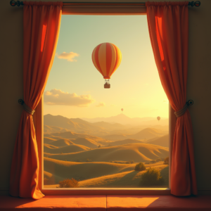 Minimalist — Whimsical Hot-air Balloon Drifting Over Rolling Illustration Styles #0288 (Gemini)