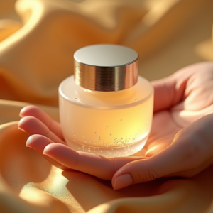 Perfume — Frosted-glass Cosmetics Jar With A Brushed-silver Product Ads #0241 (Krea)