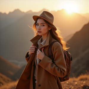 Product Photography — Traveler In Earth-toned Layers Against A Photography #0143 (Ideogram)
