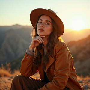 Product Photography — Traveler In Earth-toned Layers Against A Photography #0155 (Ideogram)