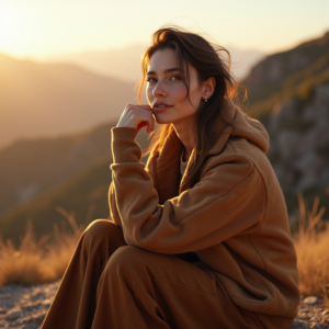 Product Photography — Traveler In Earth-toned Layers Against A Photography #0191 (Ideogram)