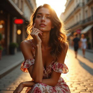 Product Photography — Woman In A Flowing Floral Sundress Photography #0009 (Firefly)