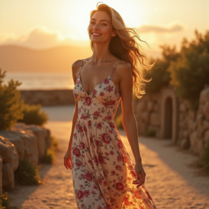 Product Photography — Woman In A Flowing Floral Sundress Photography #0111 (Midjourney)