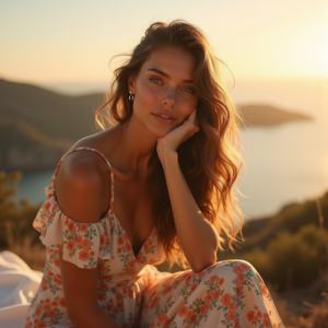 Product Photography — Woman In A Flowing Floral Sundress Photography #0117 (Firefly)