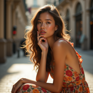 Product Photography — Woman In A Flowing Floral Sundress Photography #0225 (Firefly)
