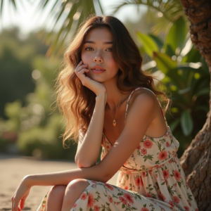 Product Photography — Woman In A Flowing Floral Sundress Photography #0337 (Seedream)