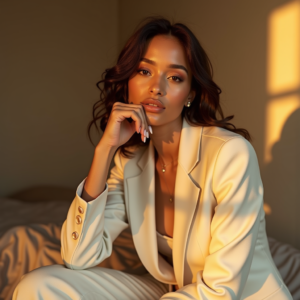 Product Photography — Woman In A Tailored Ivory Blazer Photography #0227 (Ideogram)