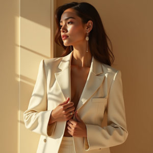 Product Photography — Woman In A Tailored Ivory Blazer Photography #0251 (Ideogram)