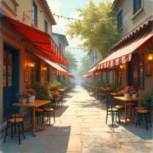 Retro — Charming Market Street Lined With Striped Illustration Styles #0005 (Ideogram)