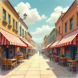 Retro — Charming Market Street Lined With Striped Illustration Styles #0017 (Ideogram)