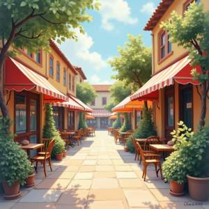 Retro — Charming Market Street Lined With Striped Illustration Styles #0029 (Ideogram)