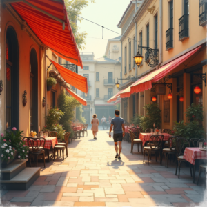Retro — Charming Market Street Lined With Striped Illustration Styles #0041 (Ideogram)