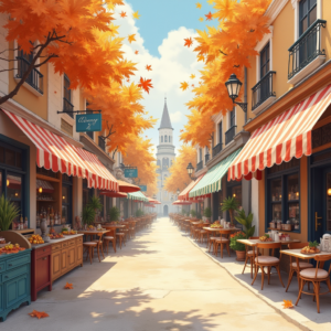 Retro — Charming Market Street Lined With Striped Illustration Styles #0047 (FLUX)