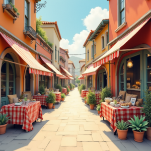 Retro — Charming Market Street Lined With Striped Illustration Styles #0059 (FLUX)