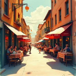 Retro — Charming Market Street Lined With Striped Illustration Styles #0077 (Ideogram)