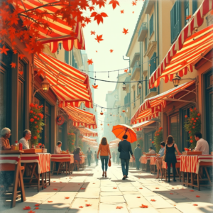 Retro — Charming Market Street Lined With Striped Illustration Styles #0083 (FLUX)