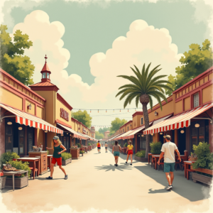 Retro — Charming Market Street Lined With Striped Illustration Styles #0089 (Ideogram)
