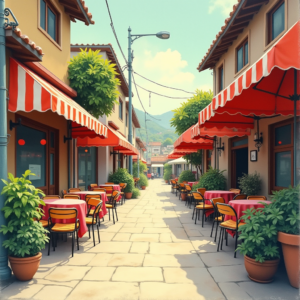 Retro — Charming Market Street Lined With Striped Illustration Styles #0101 (Ideogram)