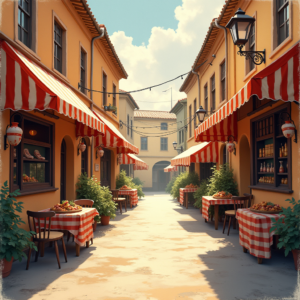 Retro — Charming Market Street Lined With Striped Illustration Styles #0113 (Ideogram)
