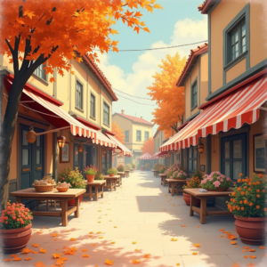 Retro — Charming Market Street Lined With Striped Illustration Styles #0119 (FLUX)