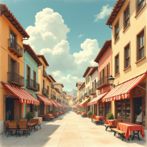 Retro — Charming Market Street Lined With Striped Illustration Styles #0125 (Ideogram)
