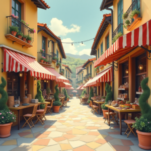 Retro — Charming Market Street Lined With Striped Illustration Styles #0131 (FLUX)